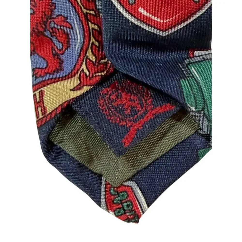 VTG Tommy Hilfiger Silk Necktie Heraldic Crest Shield Race Car Blue Red Made USA